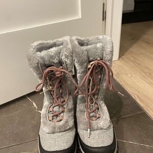Gray and Pink Fur-Lined Winter Boots